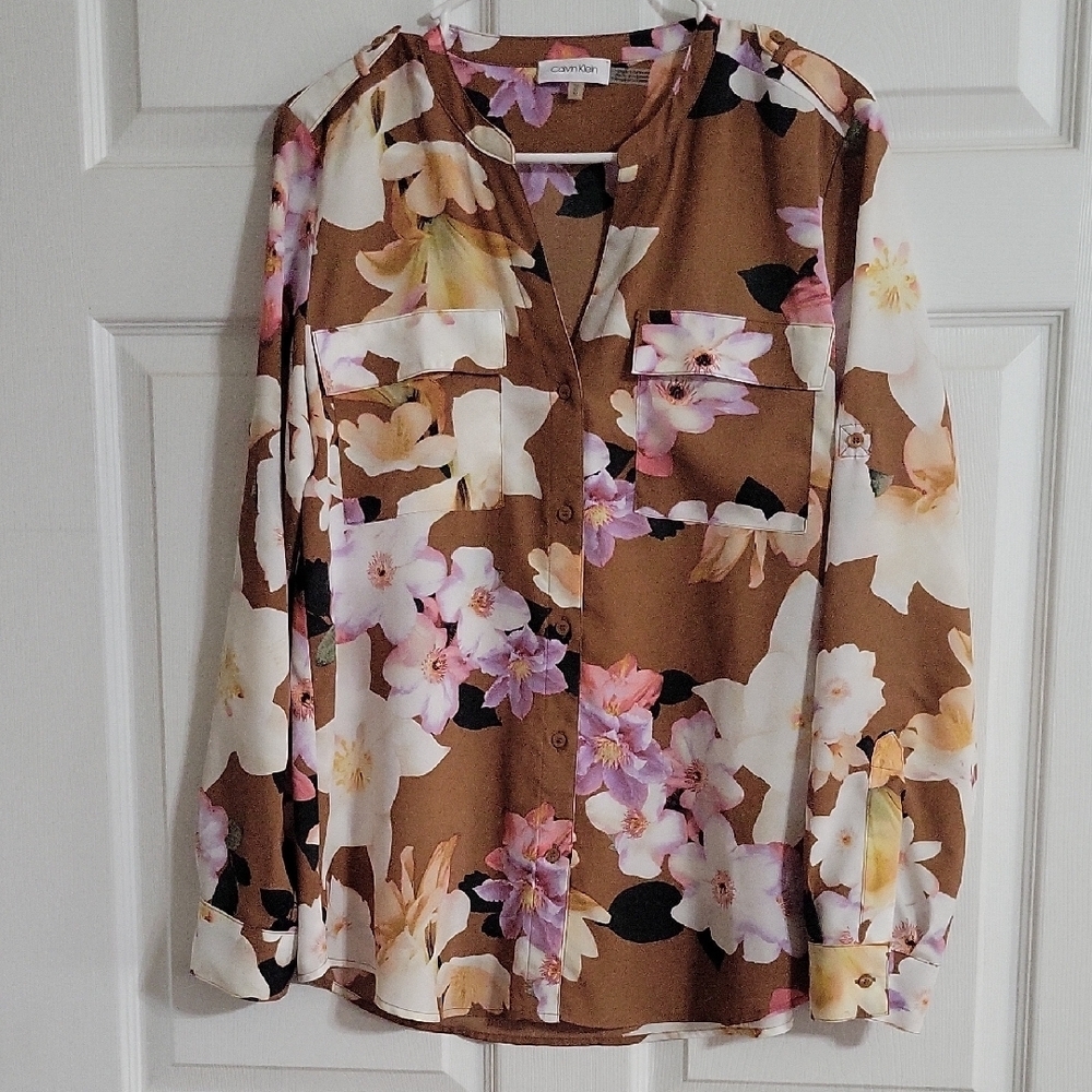 Calvin Klein Floral Button Front Brown Pink White Long Tab Sleeve Top Sz Medium - Picture 2 of 9